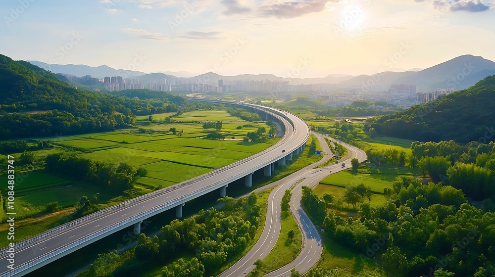 Fototapeta premium Aerial highway intersection green fields. A scenic aerial view of a winding road through lush green landscapes, with mountains and a city skyline in the distance under a bright sky.