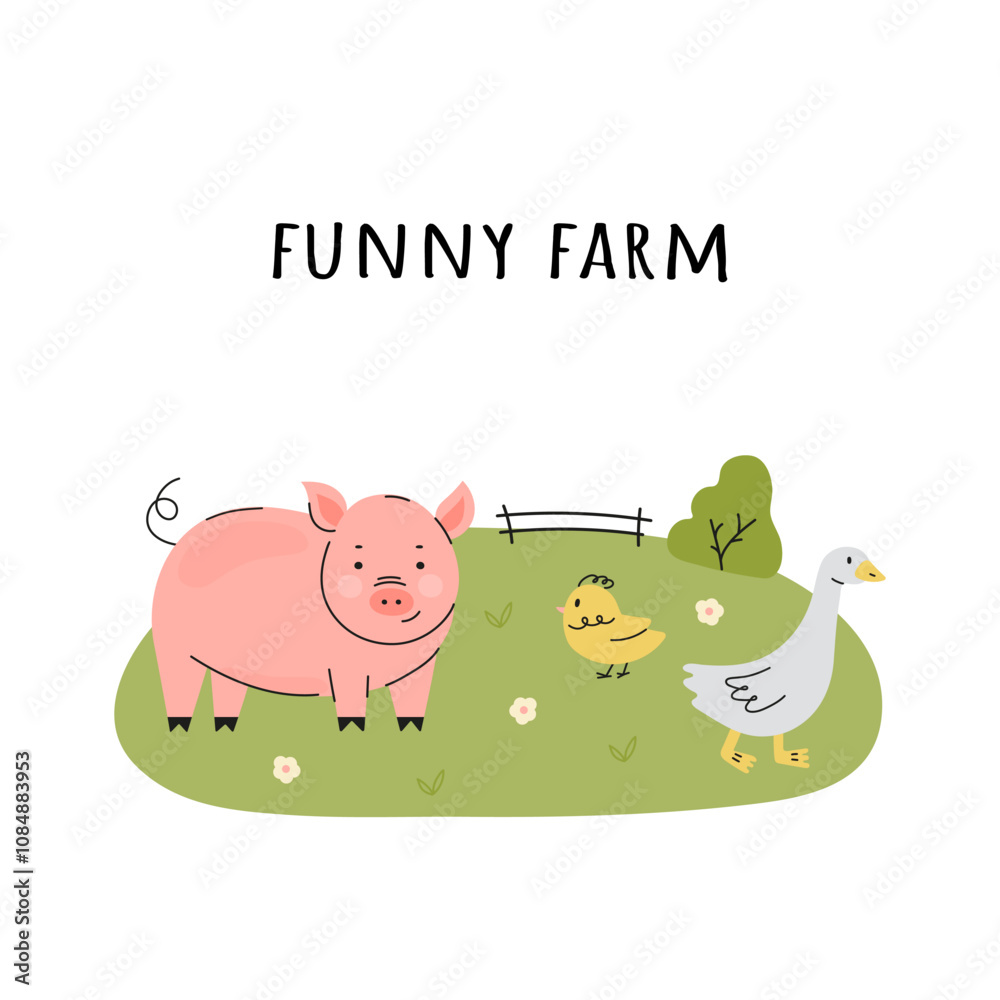 Farm landscape with pig, chickens and goose Farm landscape with pig, chickens and goose