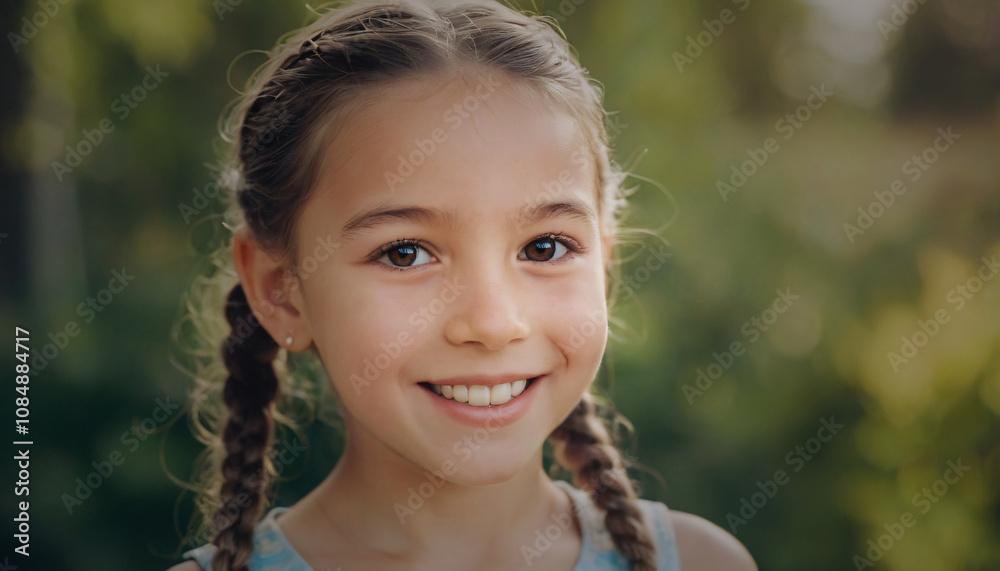 Smiling Young Girl with Braided Hair Outdoors in Sunny Nature Background of Greenery, Capturing Joy and Innocence, Perfect for Childhood Themes and Family Moments Smiling Young Girl with Braided Hair Outdoors in Sunny Nature Background of Greenery, Capturing Joy and Innocence, Perfect for Childhood Themes and Family Moments
