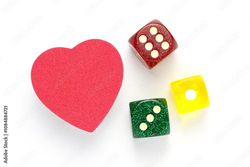 Red heart object with dices . Concept for love to take risk Red heart object with dices . Concept for love to take risk