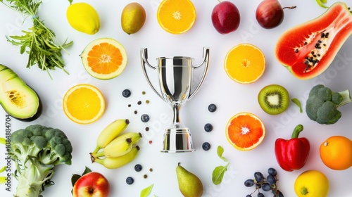 Fototapeta Naklejka Na Ścianę i Meble -  A trophy surrounded by a collage of fruits and vegetables, Modern lifestyle scene, Photo of