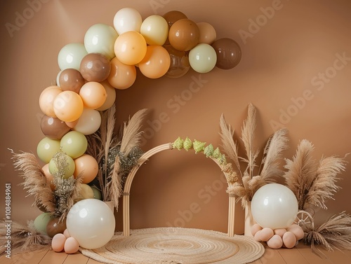 Elegant neutraltoned balloon arch with pampas grass and wooden accents, creating a stylish backdrop. photo