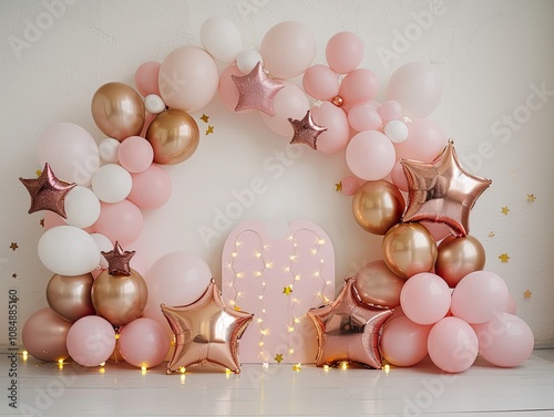 Elegant pink and gold balloon arch with starshaped balloons and fairy lights creates a festive backdrop. photo