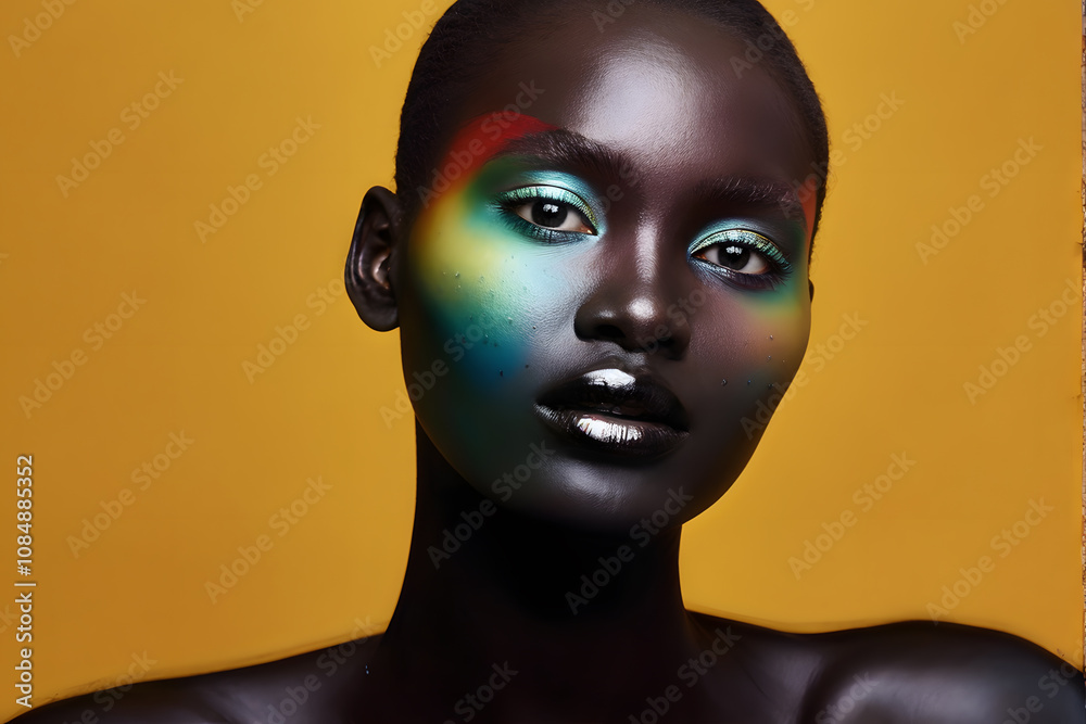 A woman with colorful makeup on her face A woman with colorful makeup on her face