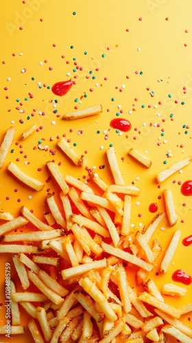 Vibrant action shot of fries tossed with colorful sauces and sprinkles studio setting creative concept high angle view food photography