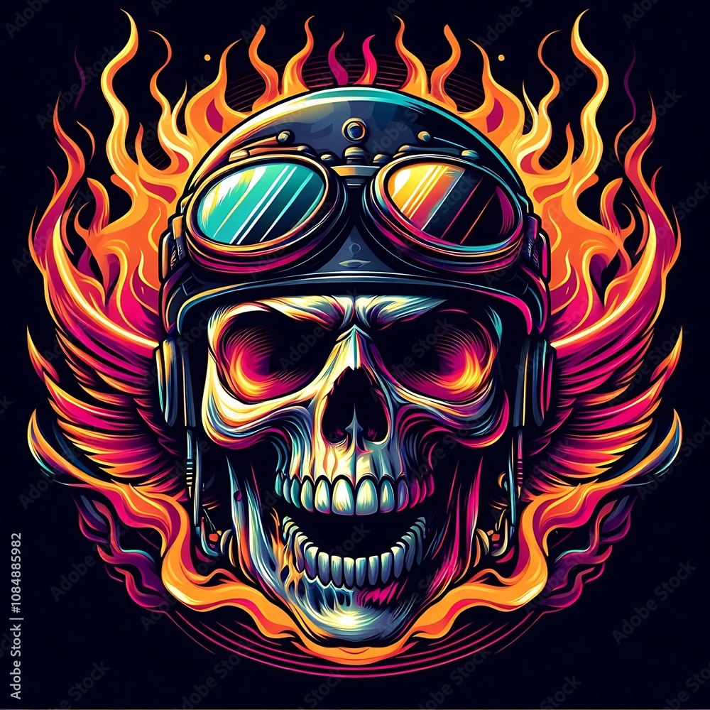 Fototapeta premium Flaming skull wearing aviator helmet and goggles, surrounded by wings.