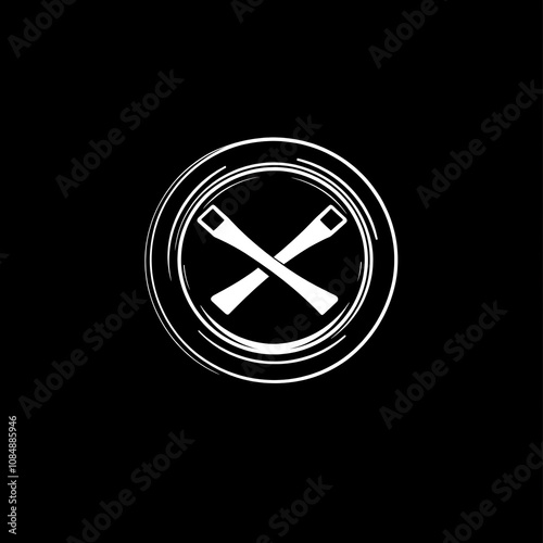 Abstract logo with crossed shapes inside a circular frame.