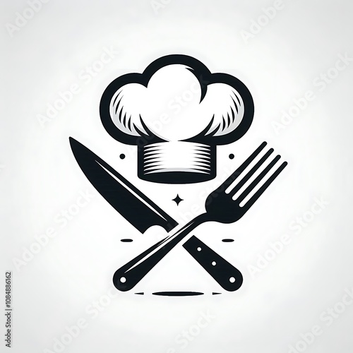 Chef's hat, knife, and fork icon.  A monochrome illustration perfect for restaurants, menus, or culinary businesses.