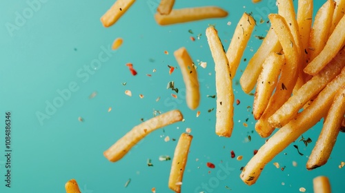 Golden fries soaring through the air captivating food photography vibrant action in a dynamic culinary environment whimsical perspective on fast food delight photo