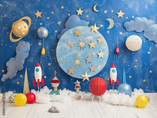 A whimsical spacethemed backdrop featuring planets, stars, rockets, and clouds, perfect for a childs photoshoot. photo