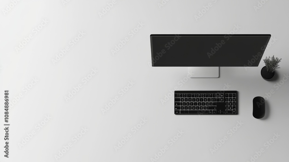 Top view of a clean white desk with a computer, keyboard, mouse and a potted plant. Top view of a clean white desk with a computer, keyboard, mouse and a potted plant.