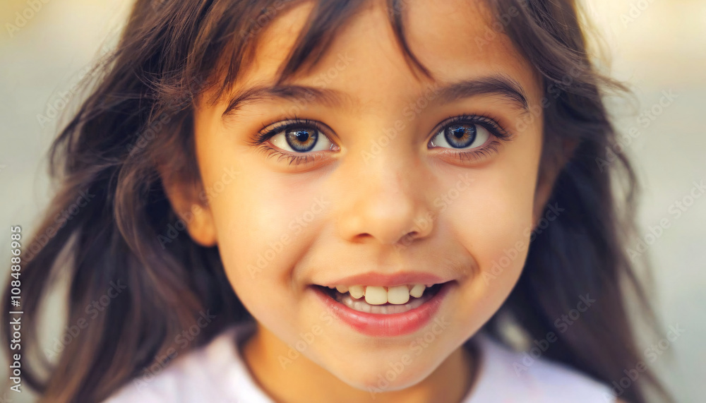 Charming Young Girl with Shining Eyes and a Joyful Smile Captured in Natural Light, Exuding Happiness and Innocence in a Soft Background