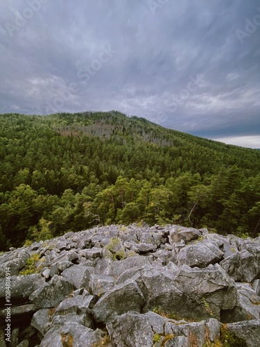 Čertova stěna natural rock formation, nestled in South Bohemian forests with a moody atmosphere, showcasing the raw landscape of the region photo