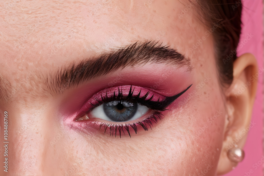 Obraz premium A woman with a pink eye shadow and black eyeliner