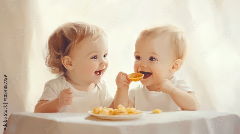 Two adorable babies are sitting at a table, sharing a meal and laughing. Two adorable babies are sitting at a table, sharing a meal and laughing.