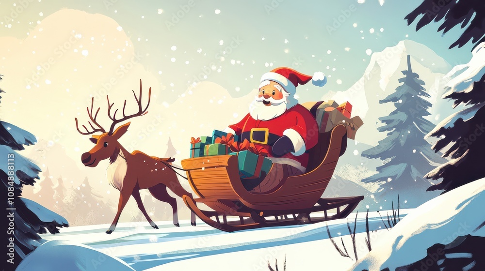 Naklejka premium Jolly Santa Riding Sleigh with Gifts in Winter Wonderland