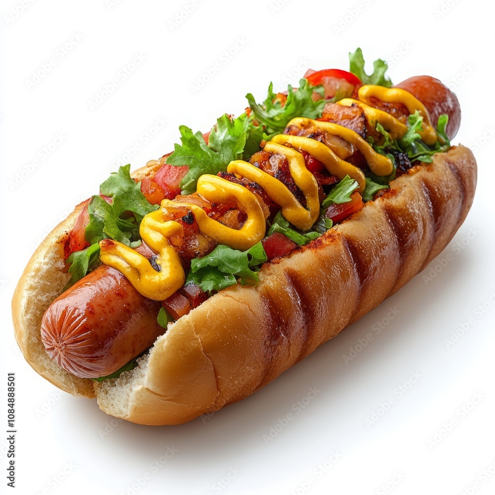 Classic hot dog with mustard topping, featuring a perfectly grilled sausage in a soft bun, isolated on a white background. Iconic fast food concept ideal for snacks, parties, and street food themes. Classic hot dog with mustard topping, featuring a perfectly grilled sausage in a soft bun, isolated on a white background. Iconic fast food concept ideal for snacks, parties, and street food themes.