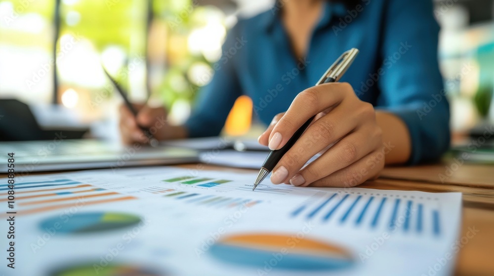 A person analyzes data charts and graphs while taking notes, showcasing a focus on statistics and business strategy in a modern workspace. A person analyzes data charts and graphs while taking notes, showcasing a focus on statistics and business strategy in a modern workspace.