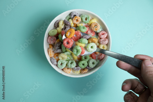 Bowl of colorful cereal photo