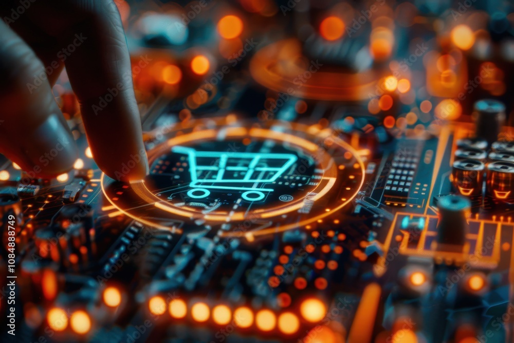 Obraz premium A hand is pointing to a shopping cart on a computer screen