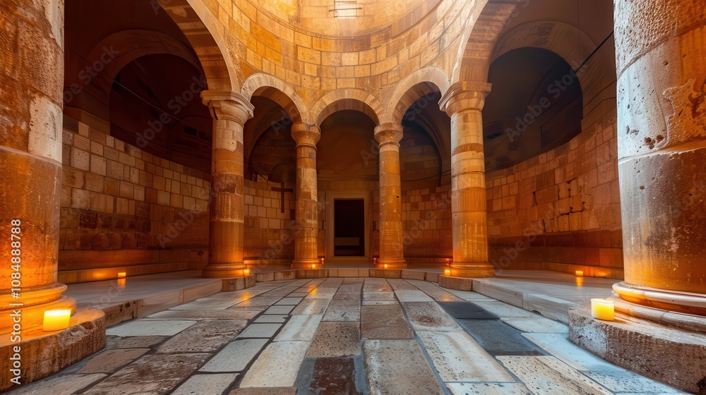 Obraz premium church holy sepulchre interior A serene underground chamber with ancient stone arches, softly illuminated by candles, creating a tranquil, mystical atmosphere.