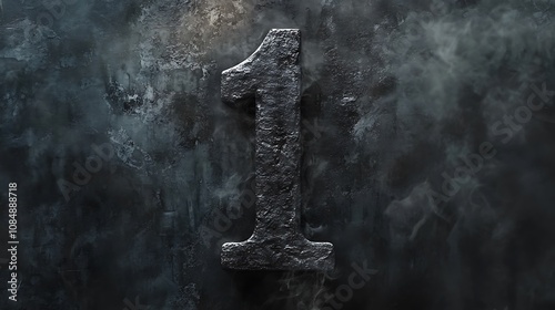 A textured charcoal English numeral 1 against a smoky gray background photo