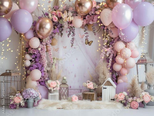 A dreamy, pastelcolored balloon arch with flowers creates a magical birthday backdrop.