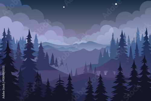 Beautiful winter landscape in the mountains at night with stars and moon flat vector illustration