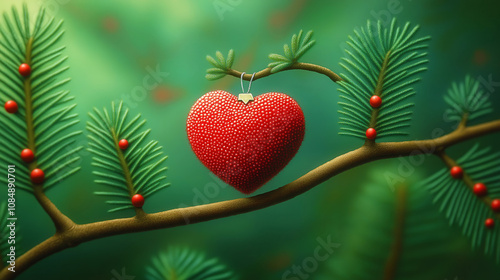 Red textured heart-shaped Christmas ornament hanging on pine branch with red berries against blurred green background, creating festive holiday atmosphere.