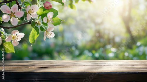 Wooden tabletop with blooming apple blossom tree background