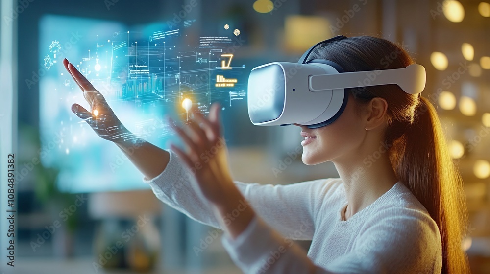 Woman wearing VR headset interacting with holographic interface. Woman wearing VR headset interacting with holographic interface.
