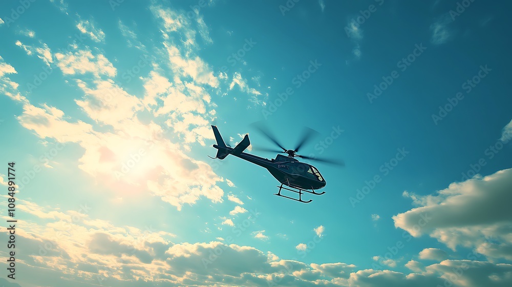 Fototapeta premium Silhouette of a helicopter flying in the sky