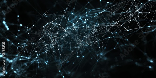 A complex digital network visualization with layers of interconnected nodes and pathways on a dark tech-themed background.