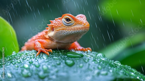 Lizard resting in rain nature wildlife photography tropical environment close-up view natural beauty photo