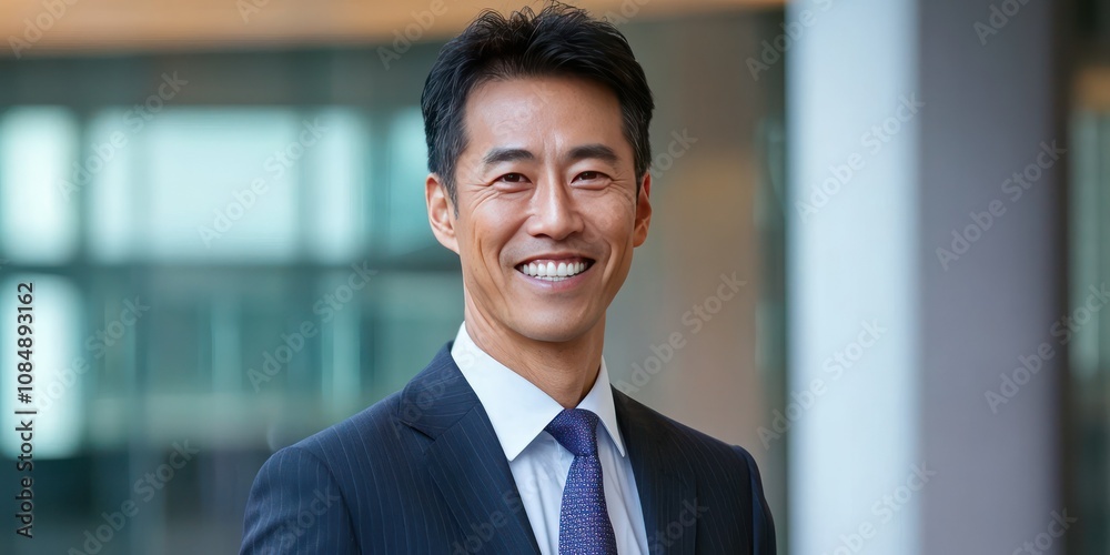 A confident Asian businessman in a modern office setting, wearing a suit and tie, smiling while holding a briefcase. A confident Asian businessman in a modern office setting, wearing a suit and tie, smiling while holding a briefcase.