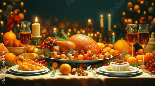 Festive Christmas dinner table with roasted turkey, oranges, cranberries, and wine glasses, illuminated by candlelight against a dark background with bokeh lights.