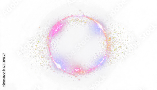 Vibrant Colord Glowing Circle with Sparkles, 3D Magic Light Effect, Realistic Shiny Ring or Swirl with Glitter and Colorful Flare Trails on White Background