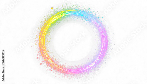 Vibrant Colord Glowing Circle with Sparkles, 3D Magic Light Effect, Realistic Shiny Ring or Swirl with Glitter and Colorful Flare Trails on White Background