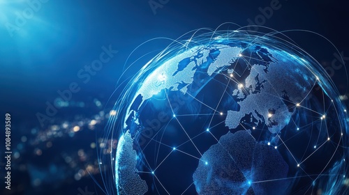 A digital representation of Earth showcasing interconnected global networks and bright city lights against a dark background.
