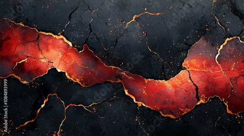 Abstract image of cracked surface with fiery red and black textures resembling lava. photo