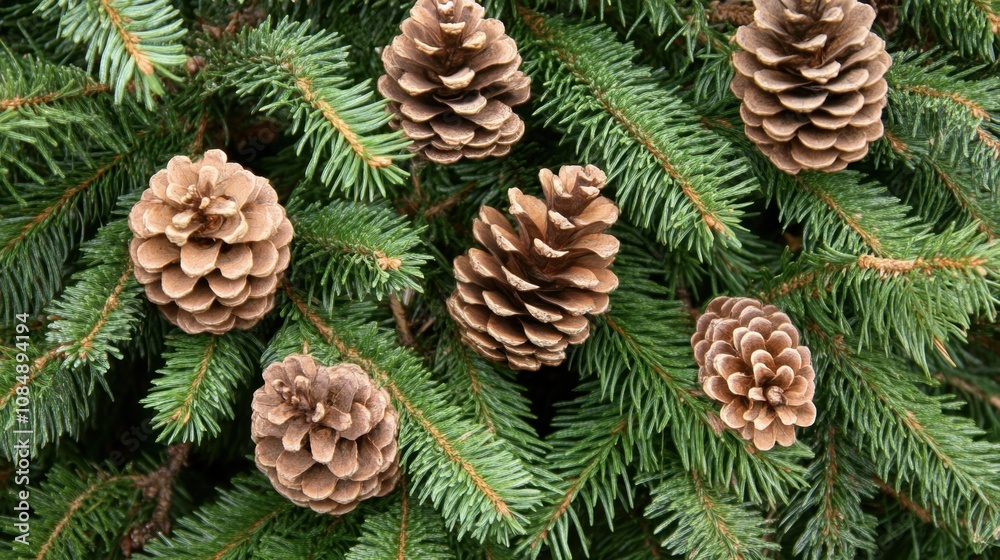 Close-up of pine cones on evergreen branches, with natural outdoor background; rustic and serene Close-up of pine cones on evergreen branches, with natural outdoor background; rustic and serene