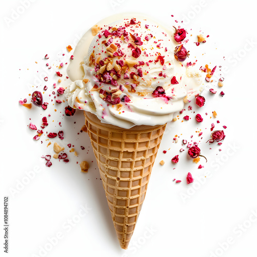 summer food photography - close up of stracciatella ice cream gelato texture, top view highlighted by white, text area, png photo