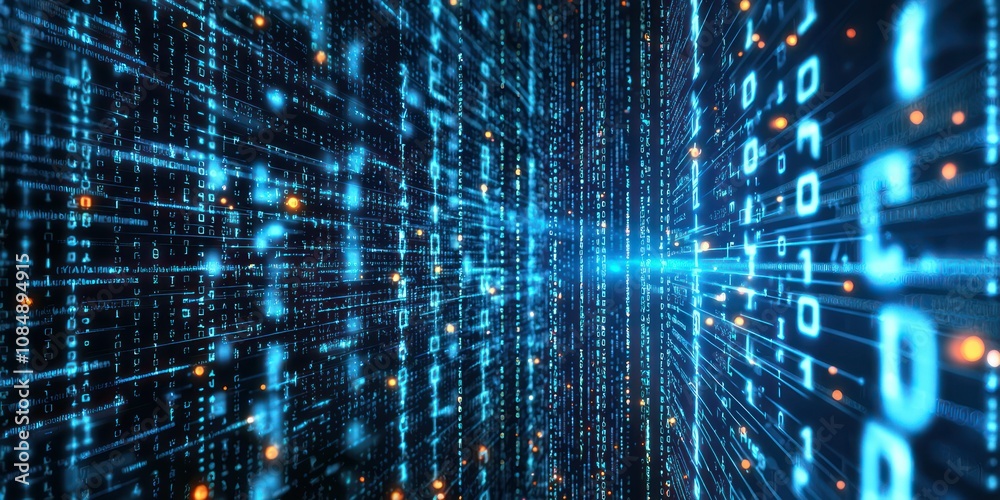 A data network concept with glowing streams of binary code flowing between interconnected nodes in a digital space. A data network concept with glowing streams of binary code flowing between interconnected nodes in a digital space.
