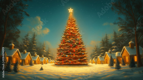 Magical Christmas scene with illuminated decorated tree in center, surrounded by snow-covered cottages with warm glowing windows under starry night sky.