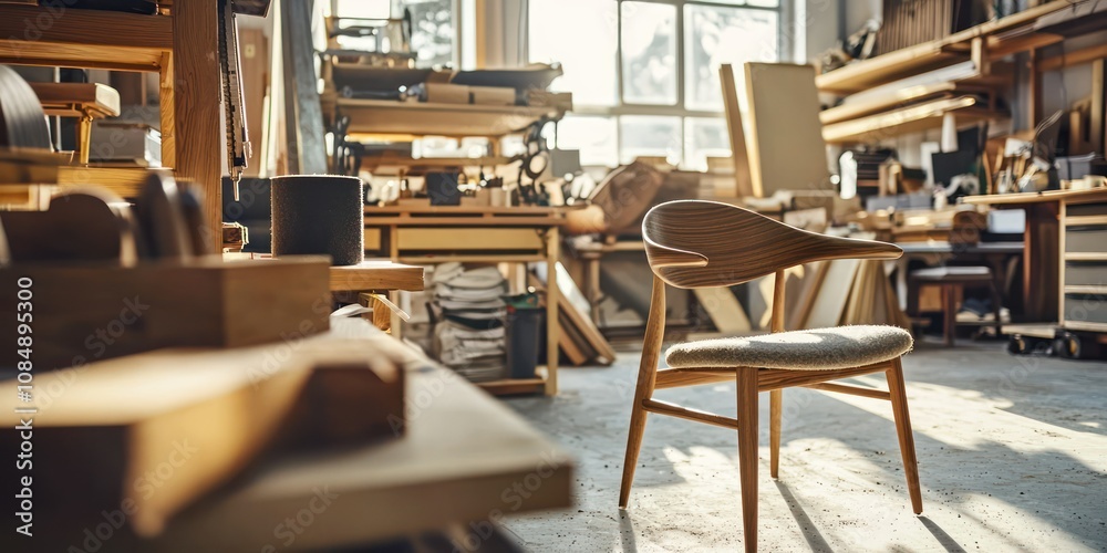 A designer chair being crafted and assembled in a furniture design studio. A designer chair being crafted and assembled in a furniture design studio.