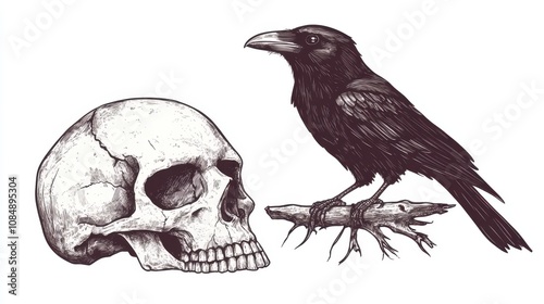 Hand-drawn sketch of a crow perched on a skull, isolated on white; modern illustration style with bold details photo