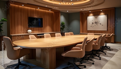 a high-tech conference room, with a large, modern wooden table at its center