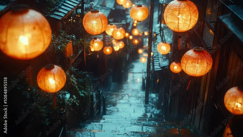 custom made wallpaper toronto digitalAncient town stairs with lanterns on rainy days