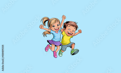 Happy kids jumping with excitement and joy together.