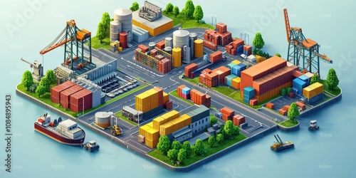 A colorful isometric representation of a logistic system, with dynamic and engaging visuals of operations and infrastructure. photo